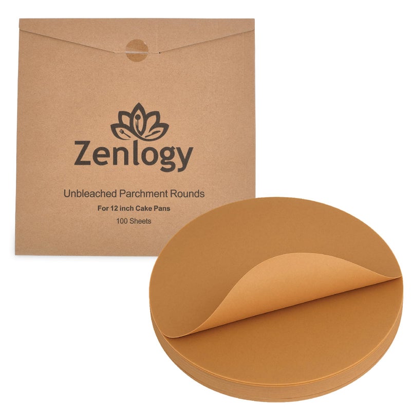 Zenlogy 12 Inch Parchment Paper Rounds (100 Sheets) - Unbleached, Pre-cut, High Heat, Round Liners - Fits 12 inch Round Cake Pans, Pizza Pans, and Air Fryer - Image 1